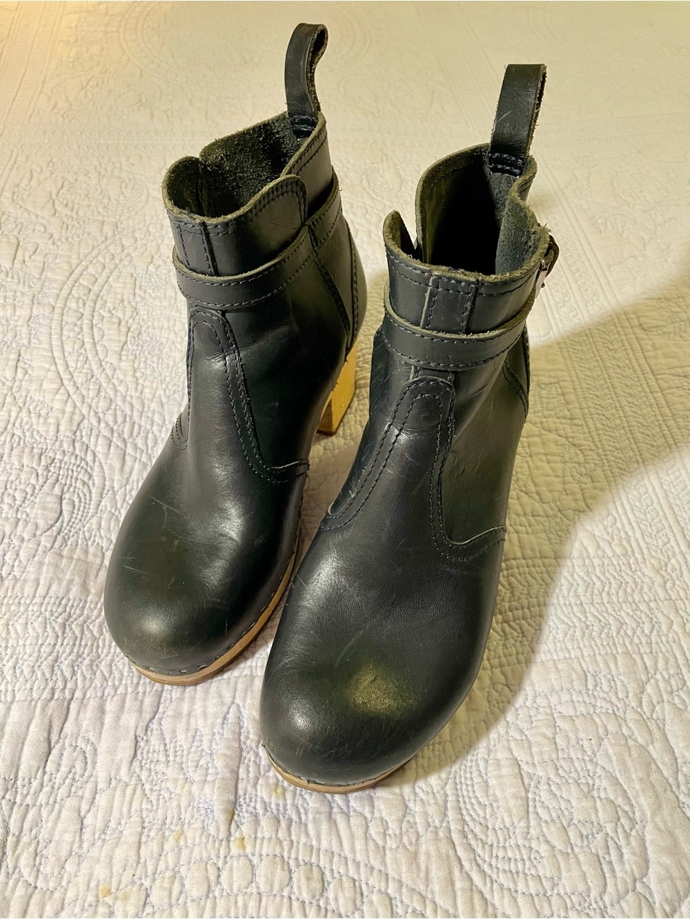 Hasbeens Navy Leather Clog Ankle Boots with Wooden Heel - Picture 2 of 5